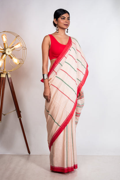 Beige Begumpuri Cotton Handloom Saree with Red Borders