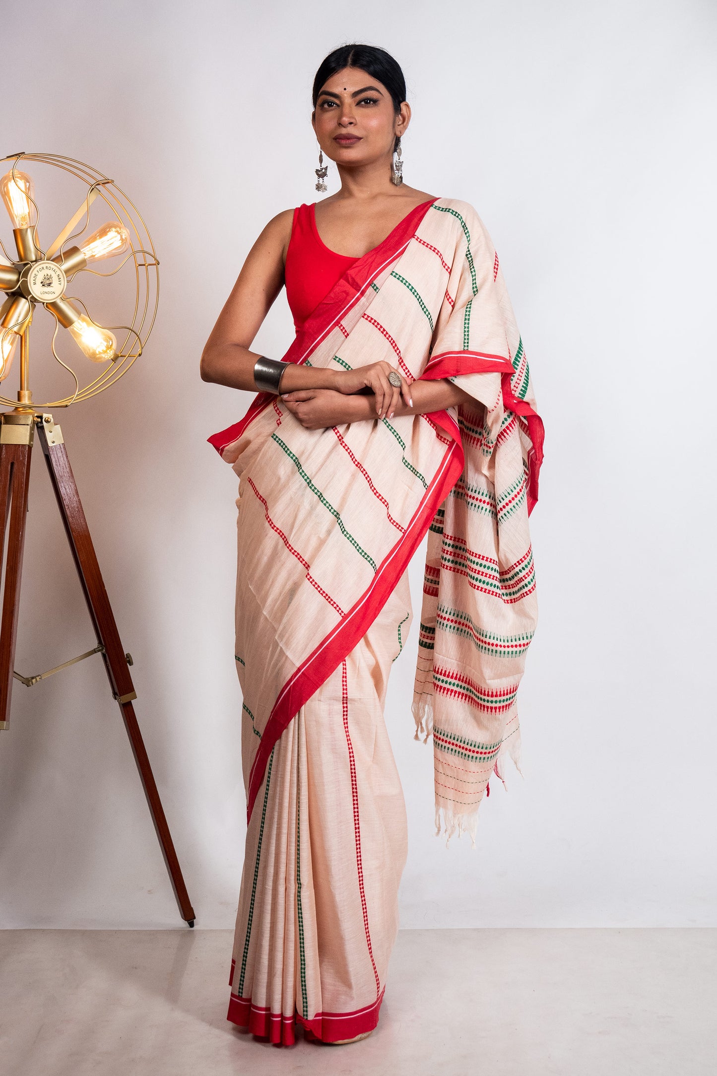 Beige Begumpuri Cotton Handloom Saree with Red Borders