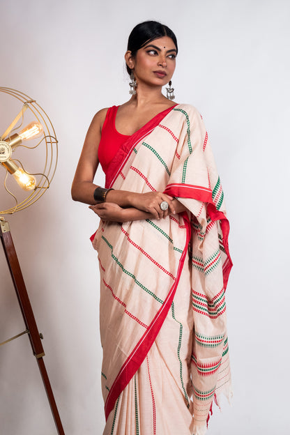 Beige Begumpuri Cotton Handloom Saree with Red Borders