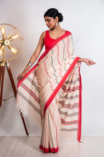 Beige Begumpuri Cotton Handloom Saree with Red Borders