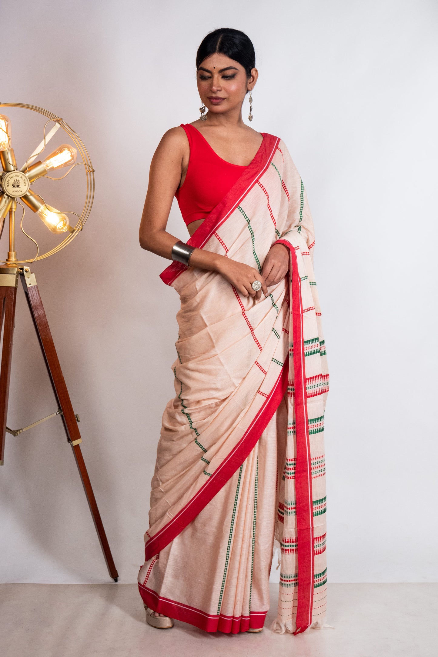 Beige Begumpuri Cotton Handloom Saree with Red Borders