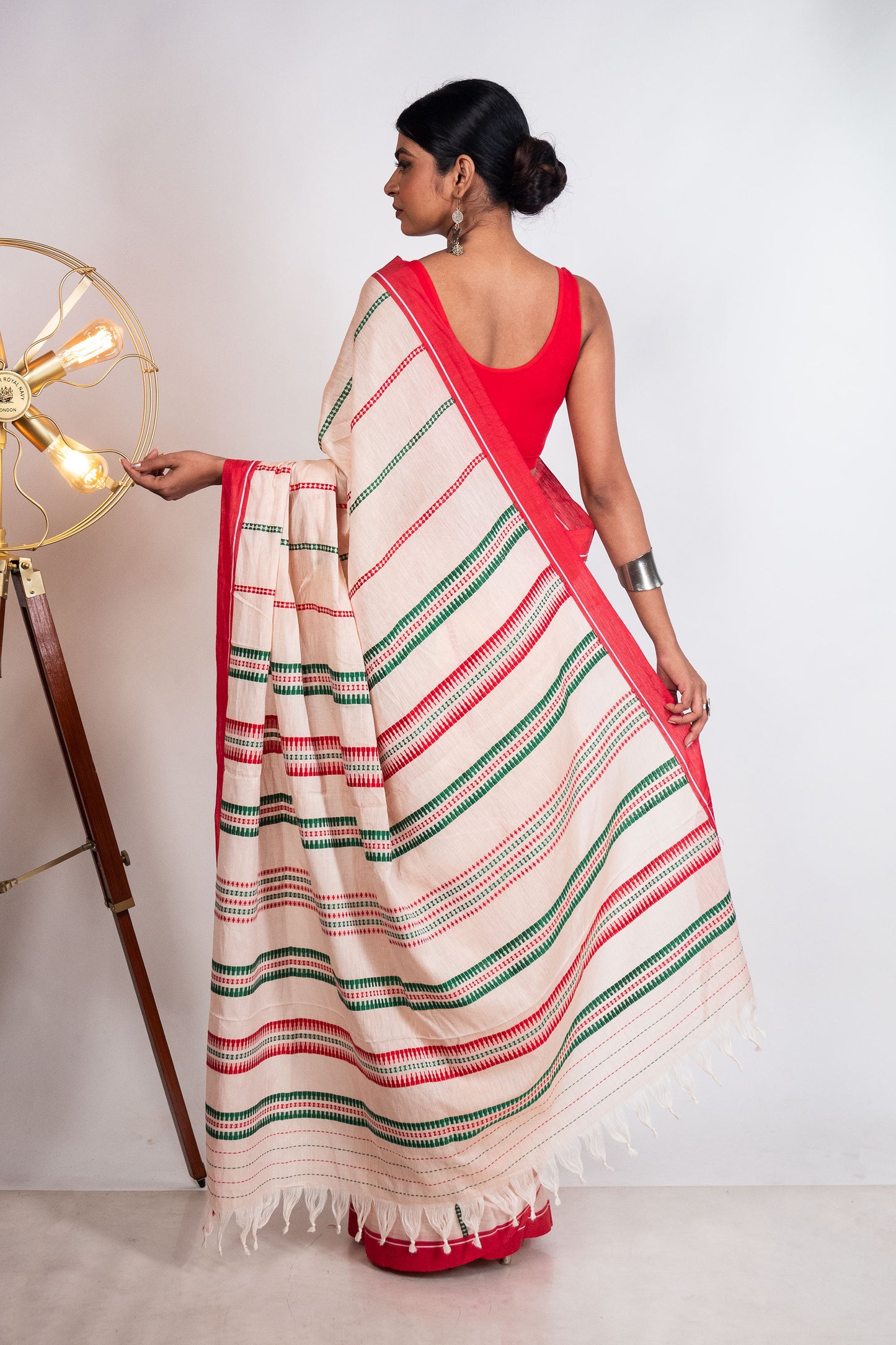 Beige Begumpuri Cotton Handloom Saree with Red Borders