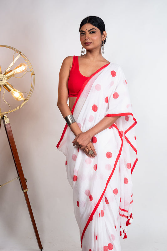 Red Bobby Printed White Mul Cotton Saree