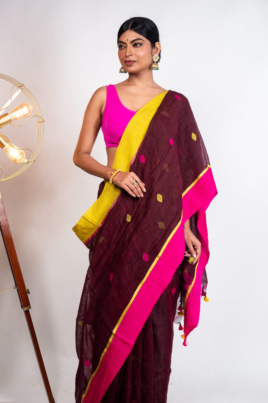 Maroon Wine Linen by Linen Ganga Jamuna  Border Saree