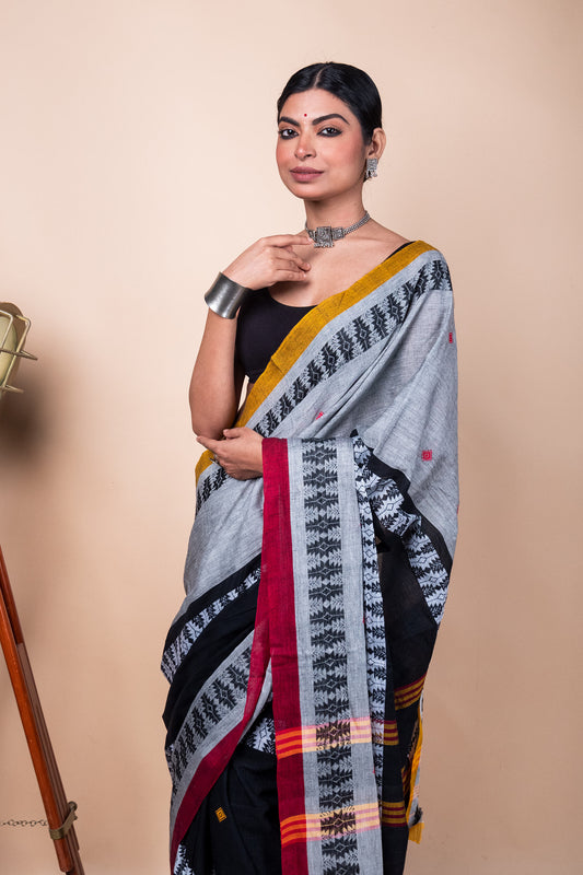 Grey Black Madhyamani Cotton Dhaniakhali Saree with Red Borders