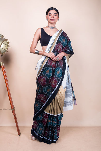 Black White Bengal Cotton 3D Ikat Saree