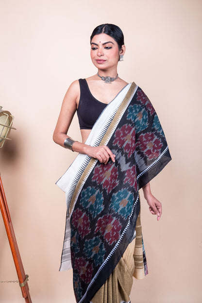 Black White Bengal Cotton 3D Ikat Saree