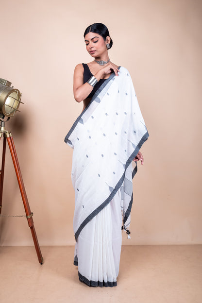 White Handloom Needle Woven Jamdani Saree