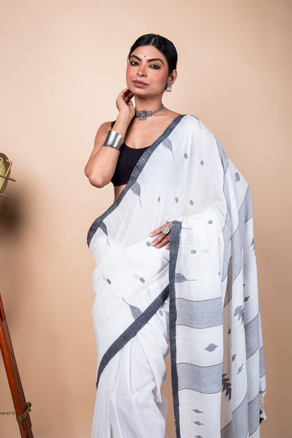 White Handloom Needle Woven Jamdani Saree