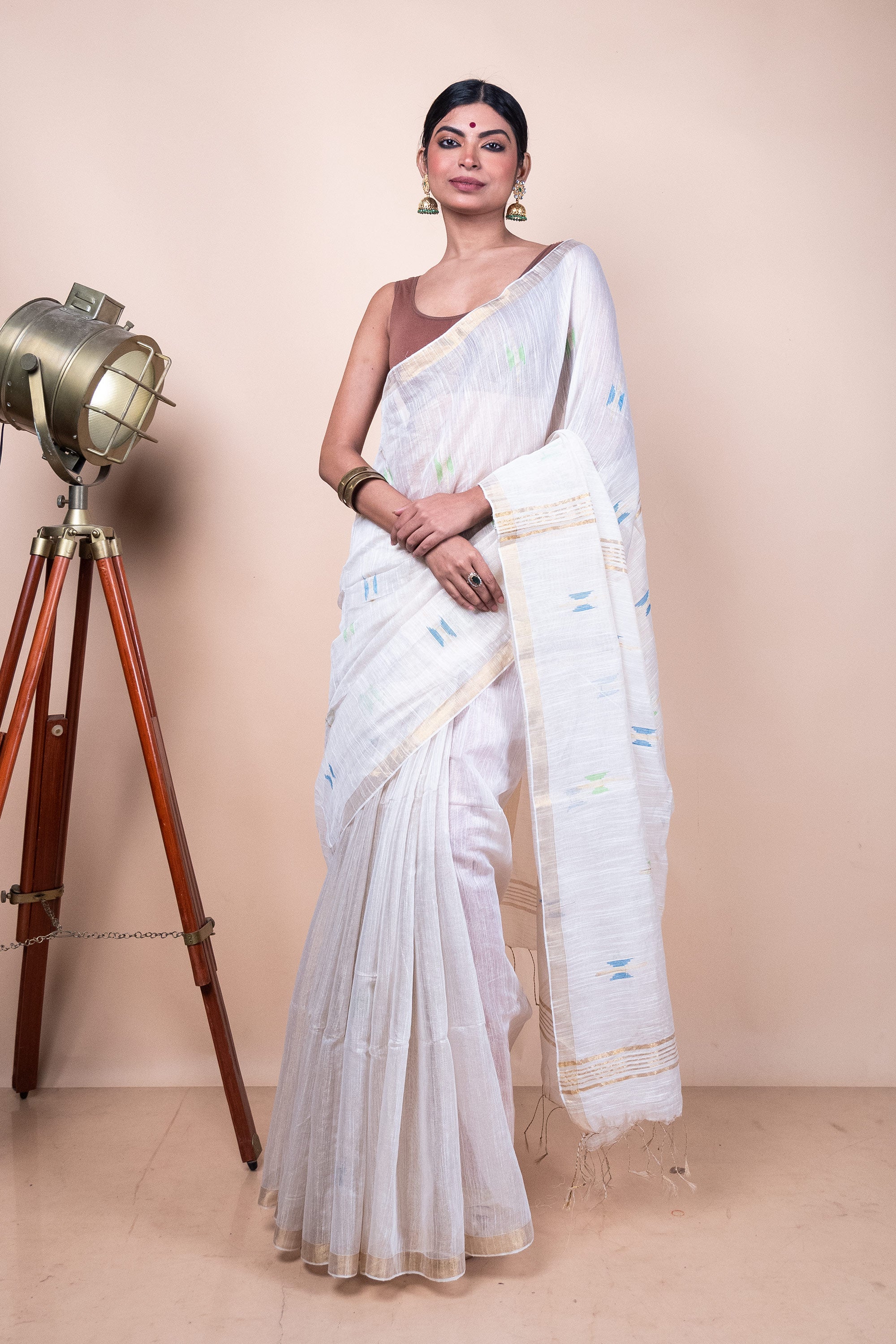 White Mixed Tissue Saree with Jamdani Motifs