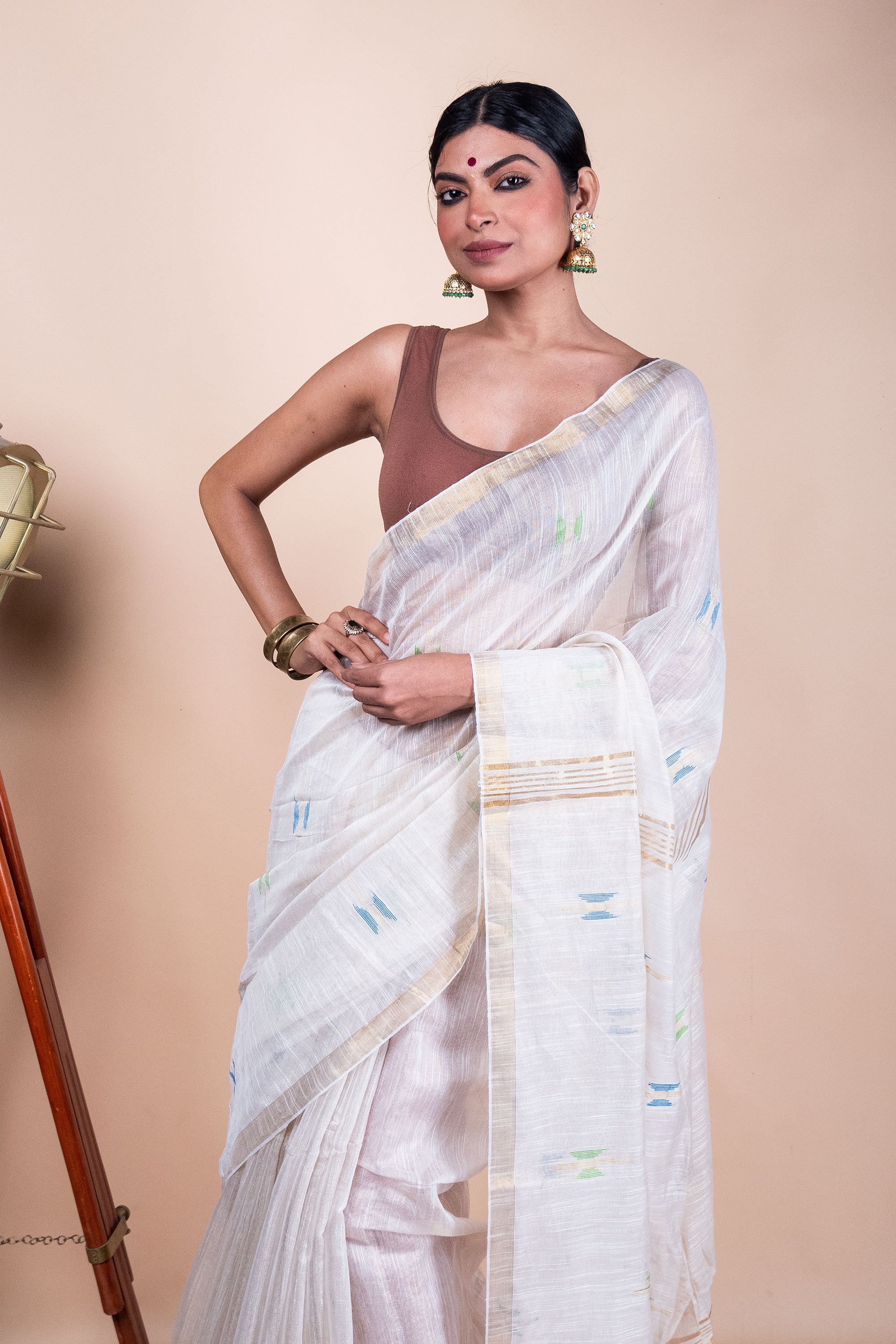 White Mixed Tissue Saree with Jamdani Motifs
