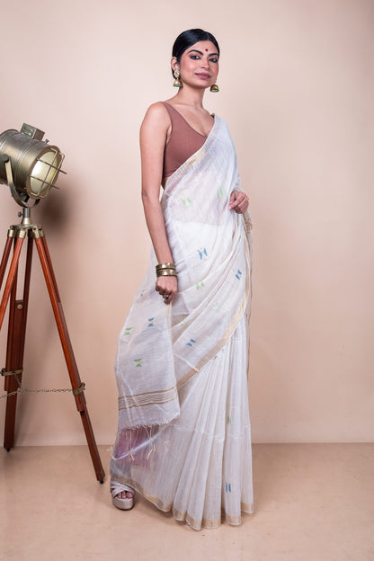 White Tissue Mix Saree with Handwoven Buttis