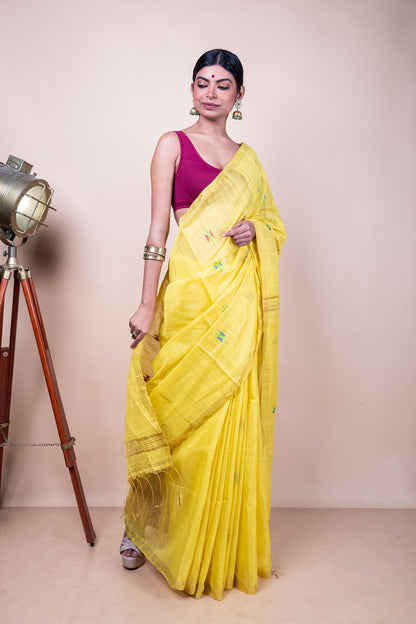 Yellow Tissue Mix Saree with Handwoven Buttis