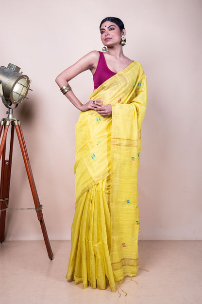 Yellow Tissue Mix Saree with Handwoven Buttis