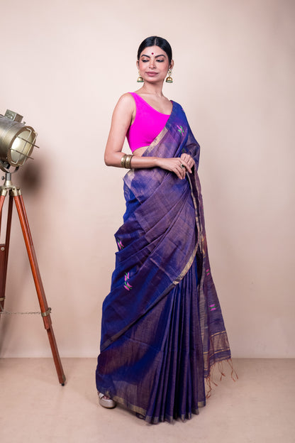 Blue Tissue Mix Saree with Handwoven Buttis