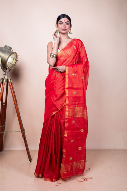 Red Tissue Mix Saree with Handwoven Buttis