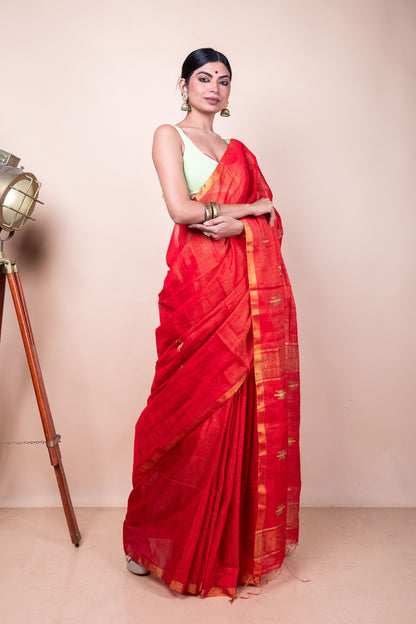 Red Tissue Mix Saree with Handwoven Buttis