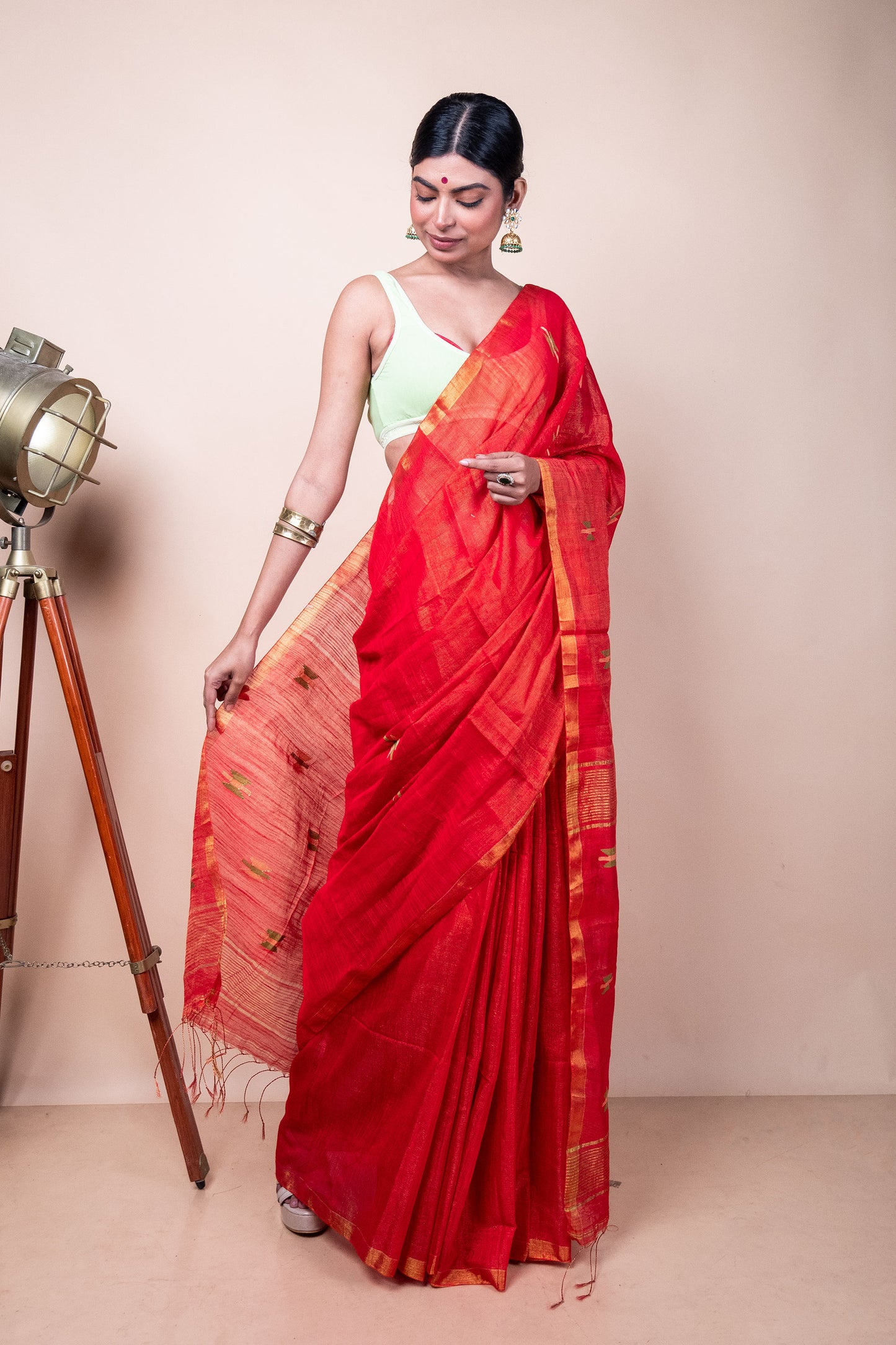 Red Tissue Mix Saree with Handwoven Buttis