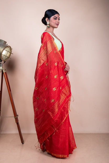 Red Tissue Mix Saree with Handwoven Buttis