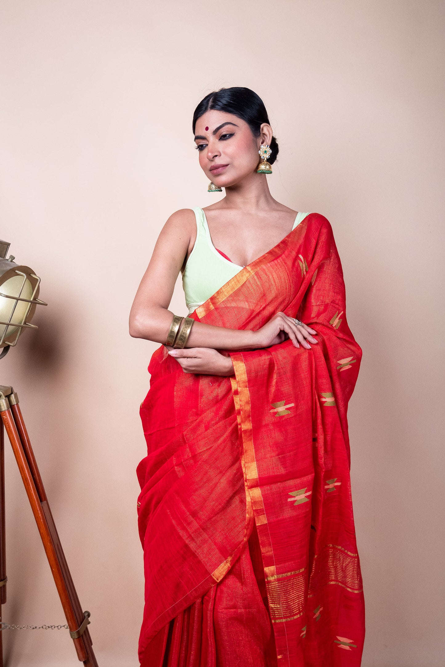 Red Tissue Mix Saree with Handwoven Buttis