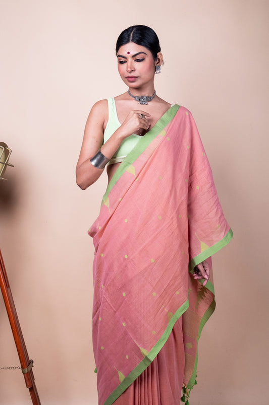 Nude Blush Handloom Needle Woven Jamdani Saree