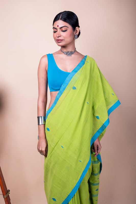 Parrot Green Handloom Needle Woven Jamdani Saree