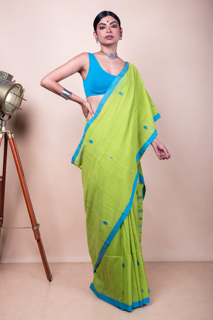 Parrot Green Handloom Needle Woven Jamdani Saree