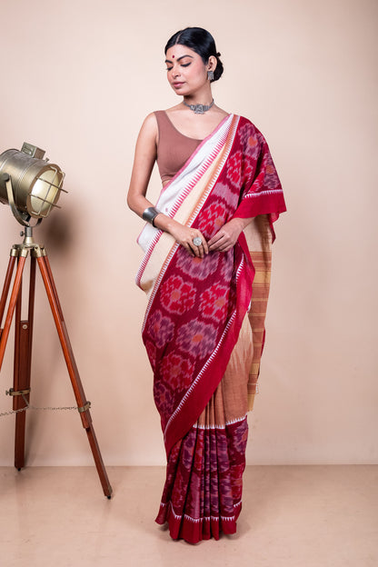 Red White Bengal Cotton 3D Ikat Saree