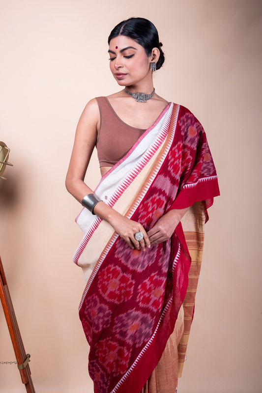 Red White Bengal Cotton 3D Ikat Saree