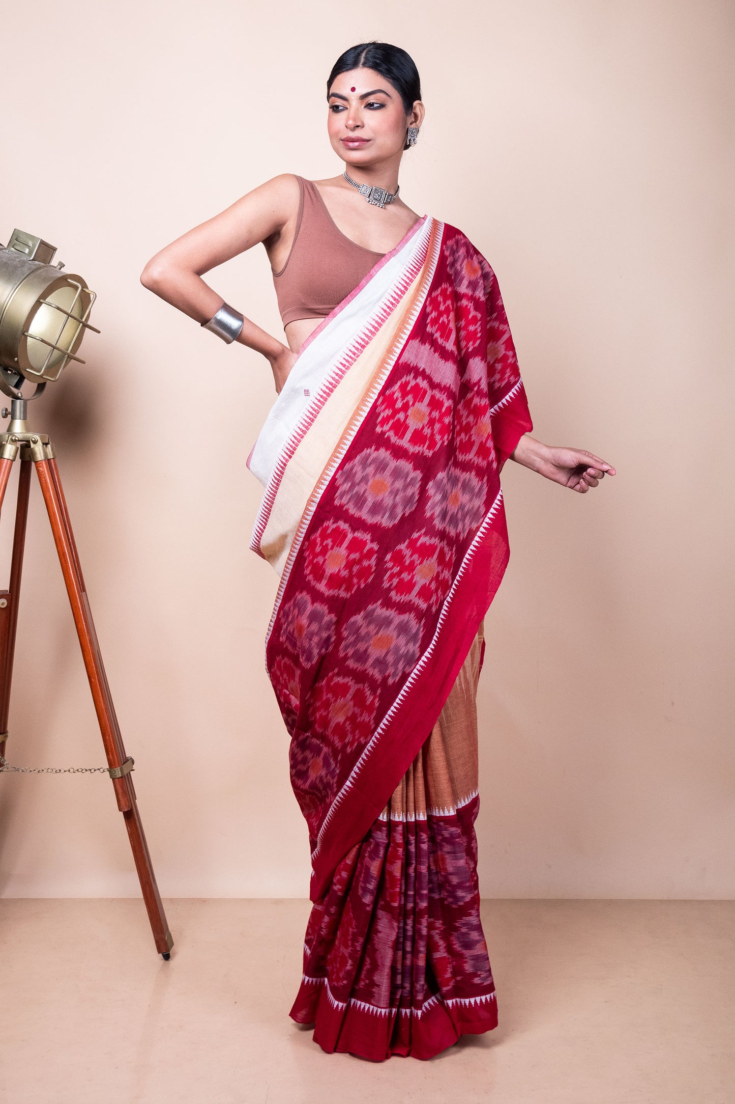 Red White Bengal Cotton 3D Ikat Saree