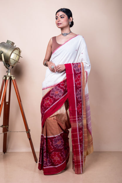 Red White Bengal Cotton 3D Ikat Saree