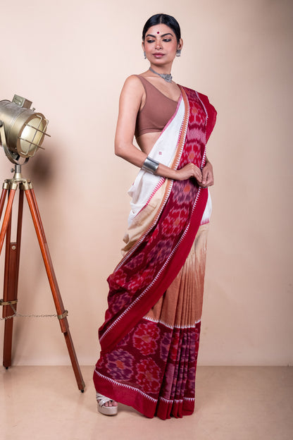 Red White Bengal Cotton 3D Ikat Saree