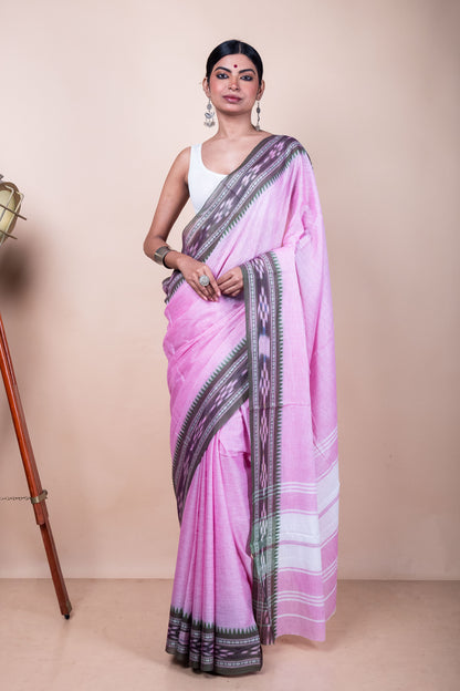 Pink Cotton Dhaniakhali Saree with woven Ikat Borders