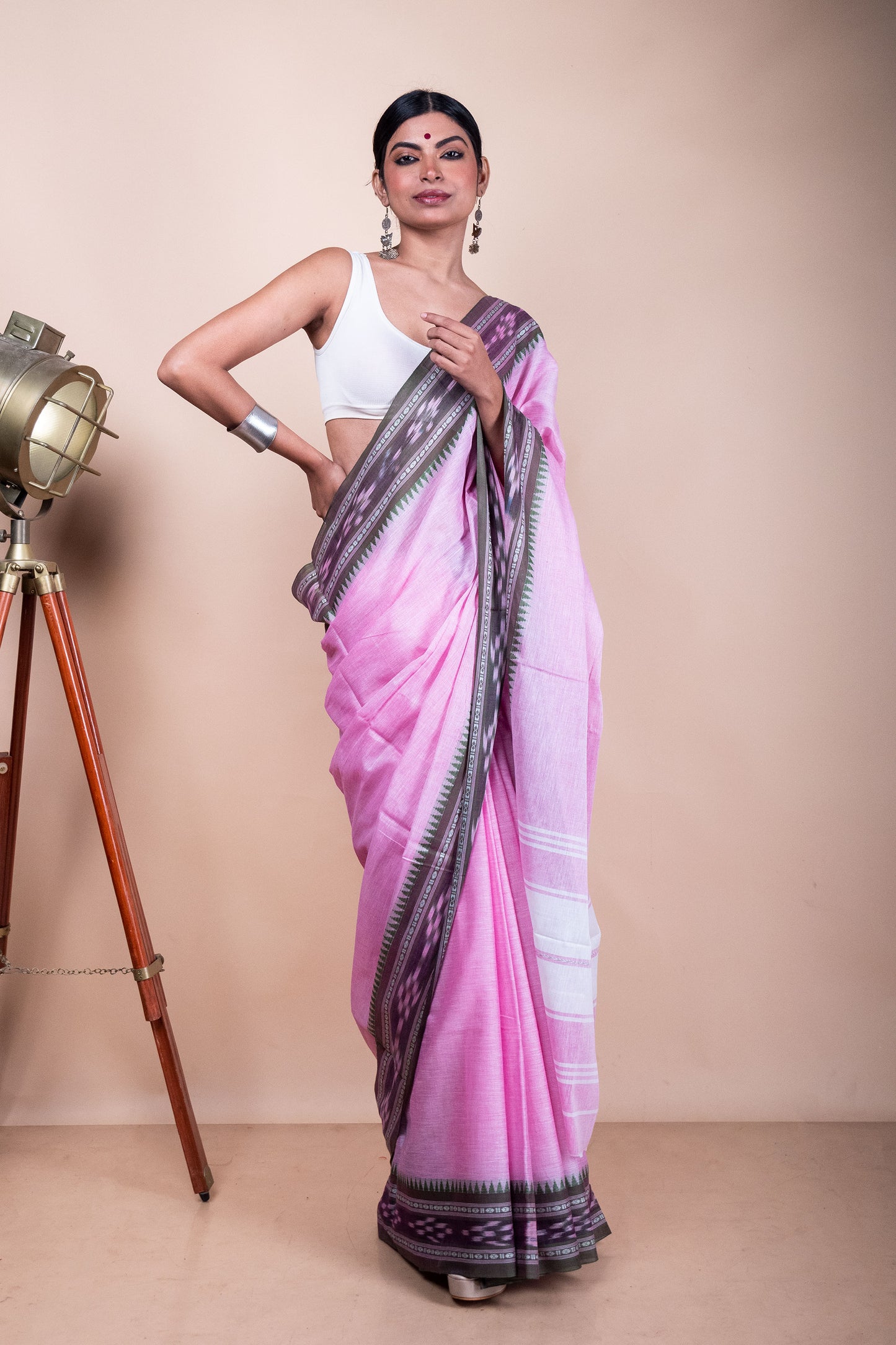 Pink Cotton Dhaniakhali Saree with woven Ikat Borders