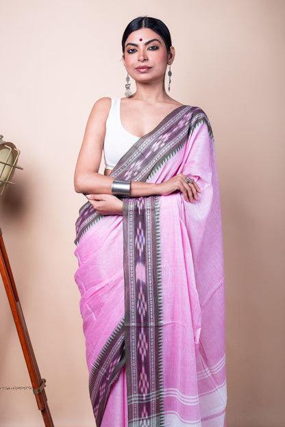 Pink Cotton Dhaniakhali Saree with woven Ikat Borders