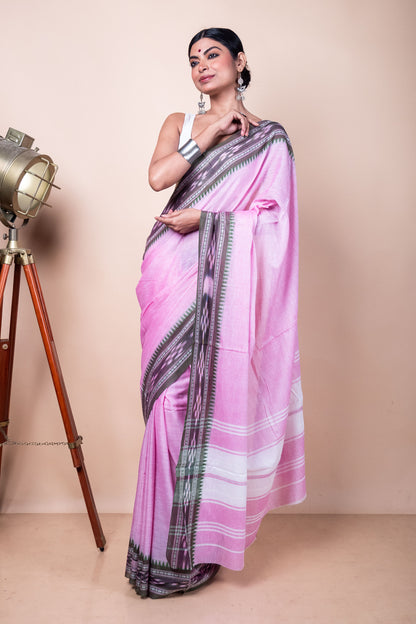 Pink Cotton Dhaniakhali Saree with woven Ikat Borders