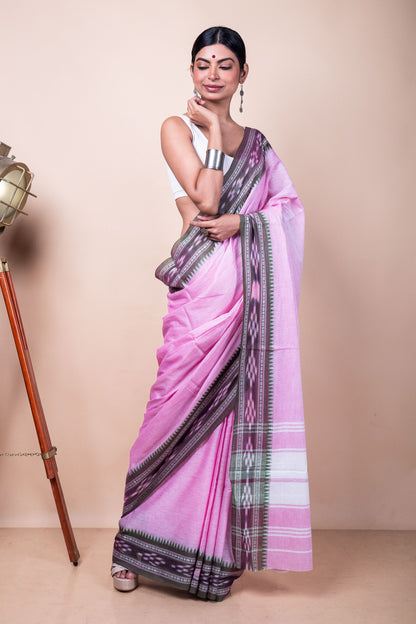 Pink Cotton Dhaniakhali Saree with woven Ikat Borders