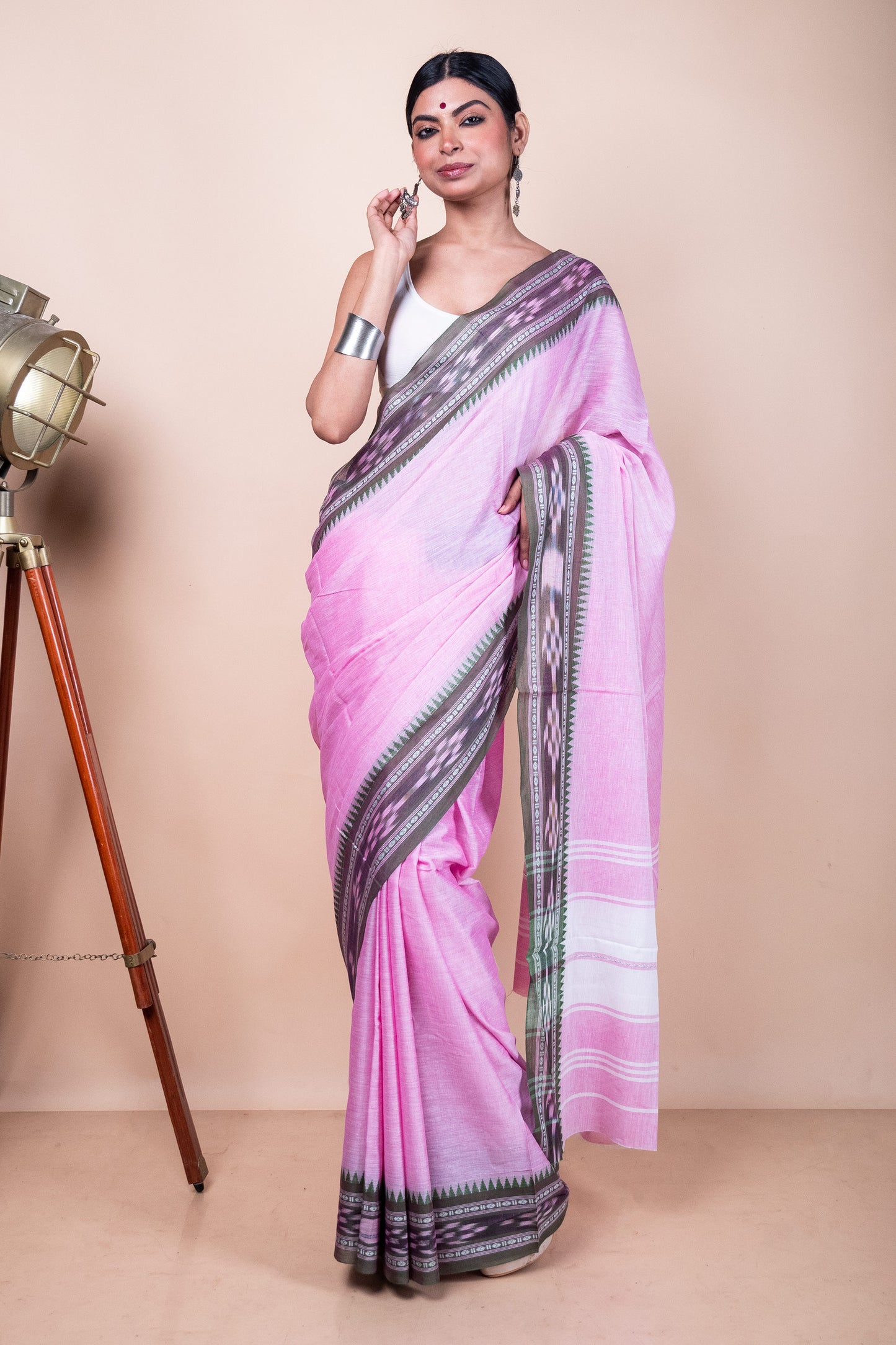 Pink Cotton Dhaniakhali Saree with woven Ikat Borders