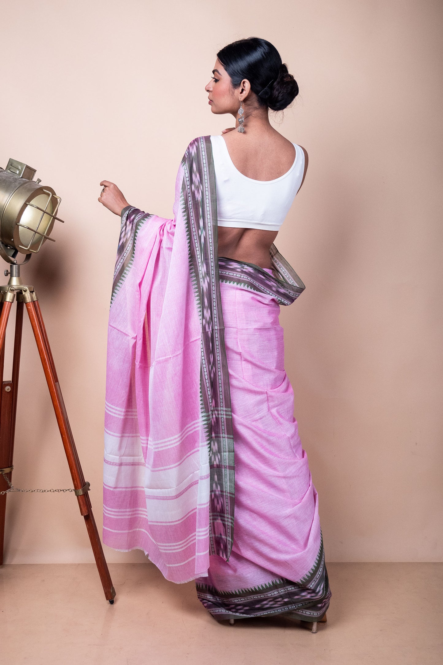 Pink Cotton Dhaniakhali Saree with woven Ikat Borders