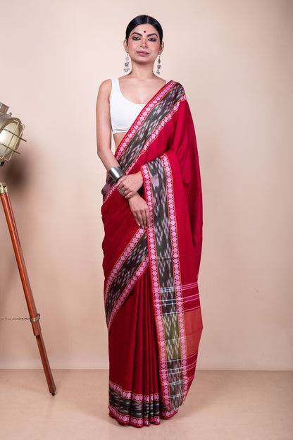 Red Cotton Dhaniakhali Saree with woven Ikat Borders