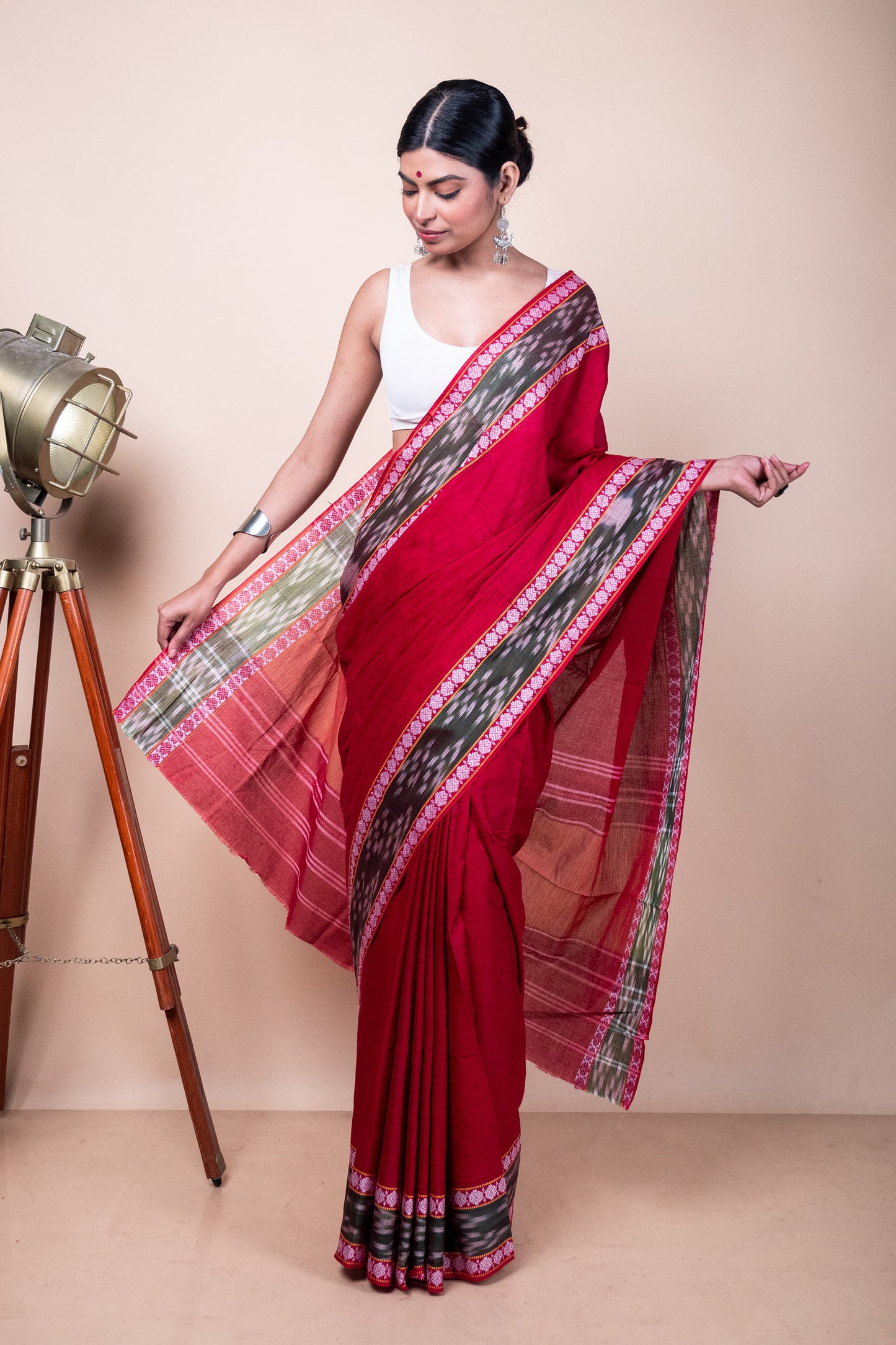 Red Cotton Dhaniakhali Saree with woven Ikat Borders