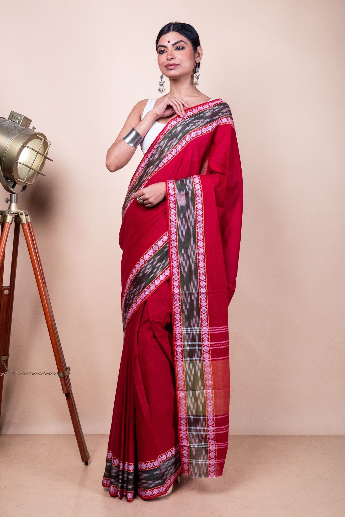 Red Cotton Dhaniakhali Saree with woven Ikat Borders