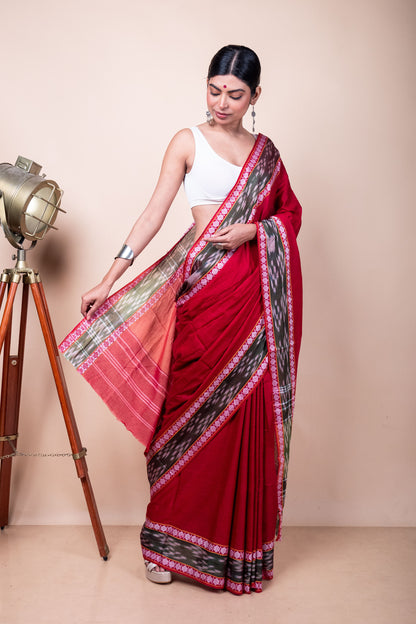 Red Cotton Dhaniakhali Saree with woven Ikat Borders