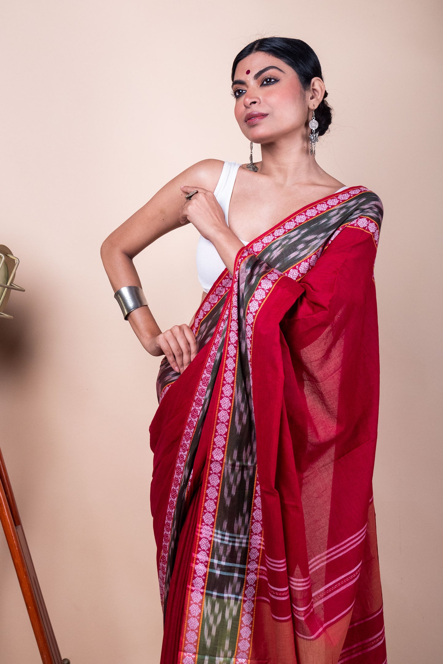 Red Cotton Dhaniakhali Saree with woven Ikat Borders