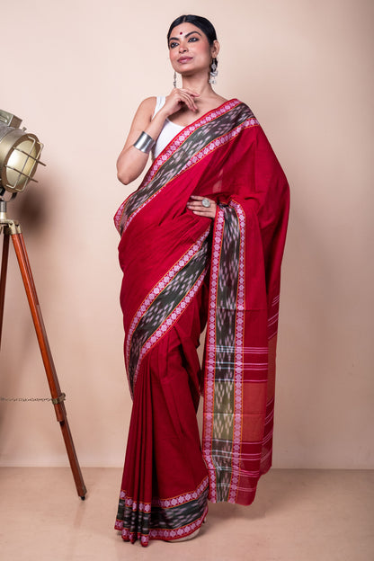 Red Cotton Dhaniakhali Saree with woven Ikat Borders