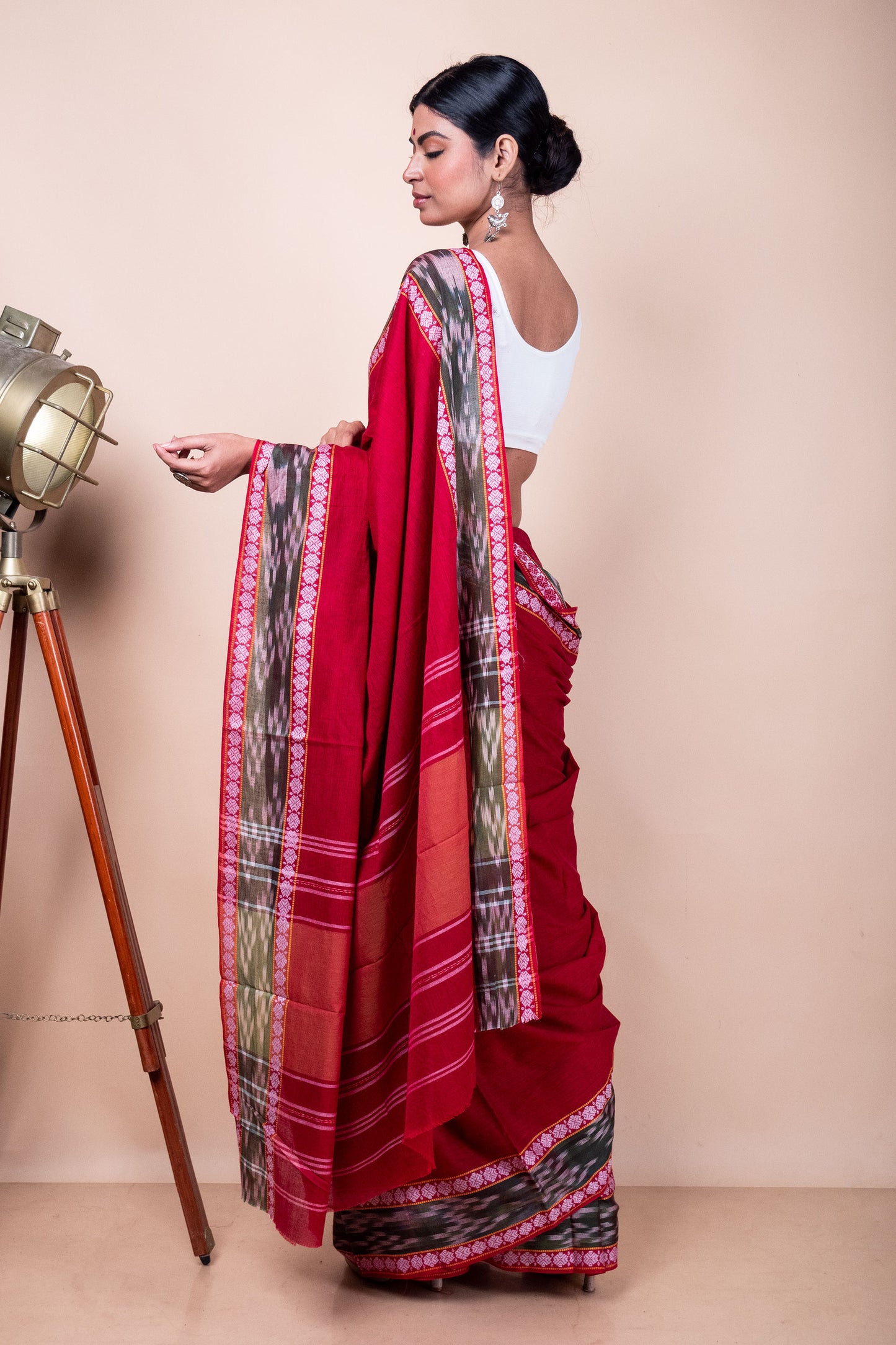 Red Cotton Dhaniakhali Saree with woven Ikat Borders