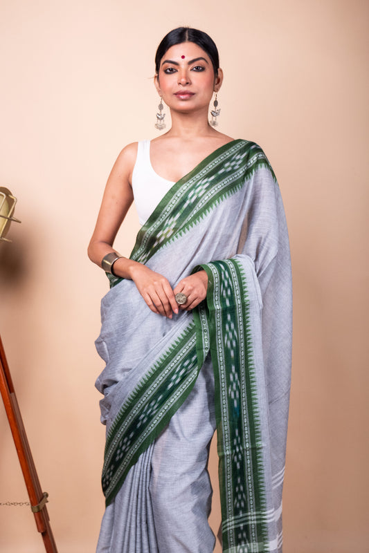 Grey Cotton Dhaniakhali Saree with woven Ikat Borders