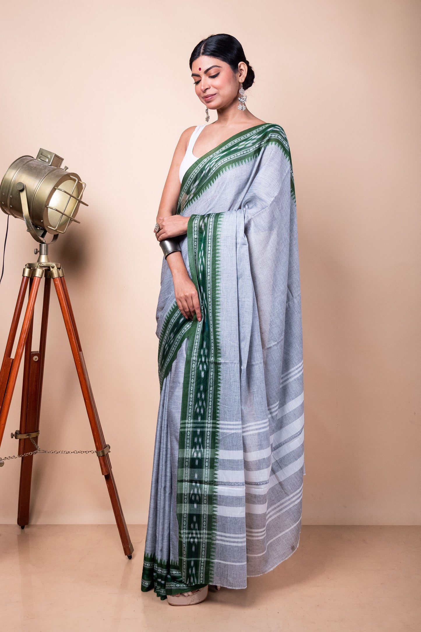 Grey Cotton Dhaniakhali Saree with woven Ikat Borders