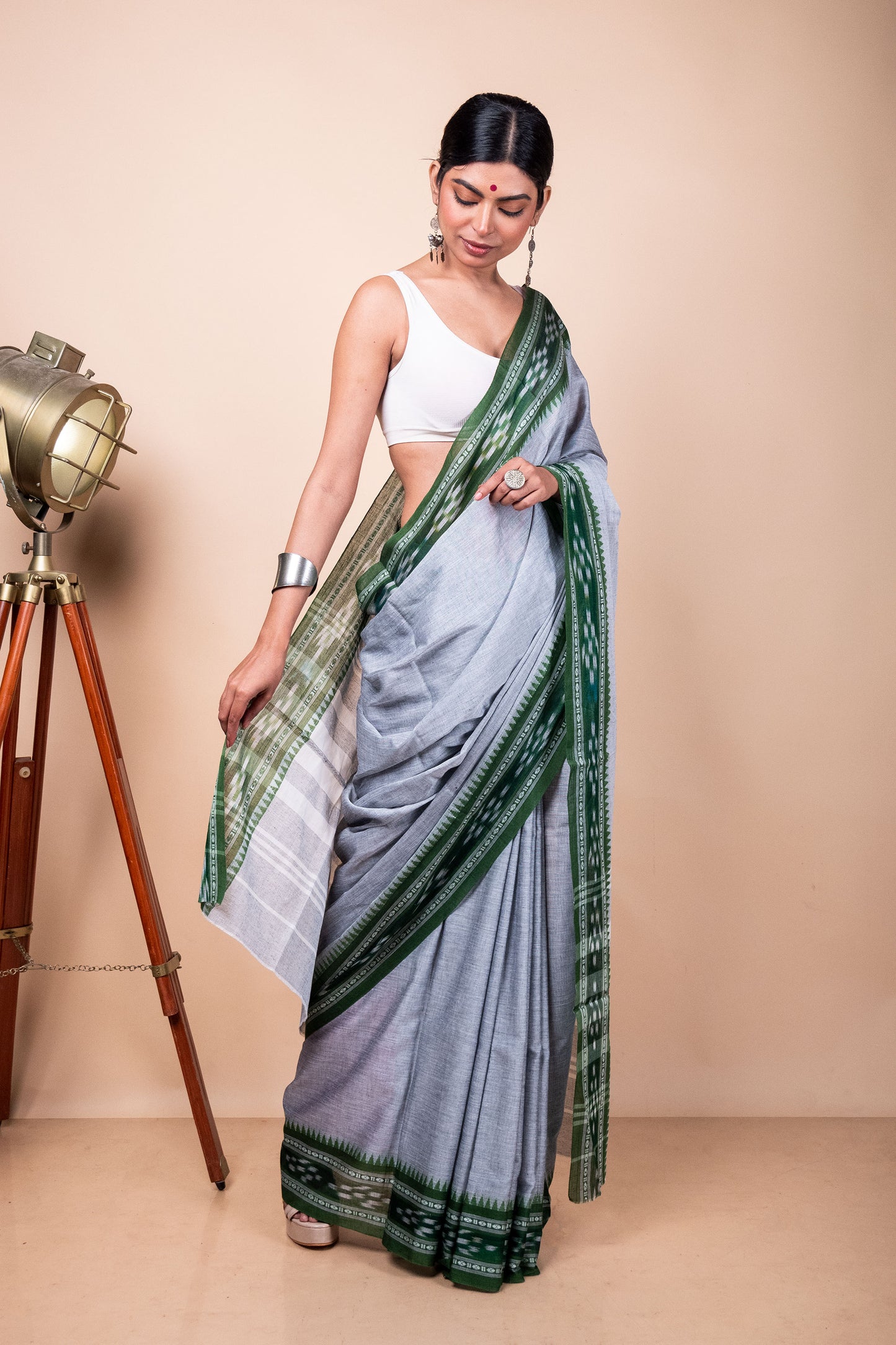 Grey Cotton Dhaniakhali Saree with woven Ikat Borders