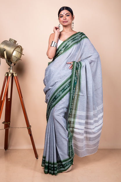 Grey Cotton Dhaniakhali Saree with woven Ikat Borders